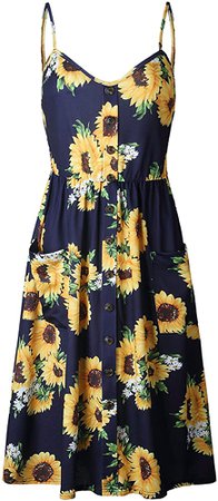 Angashion Women's Dresses-Summer Floral Bohemian Spaghetti Strap Button Down Swing Midi Dress with Pockets Navy Blue M at Amazon Women’s Clothing store