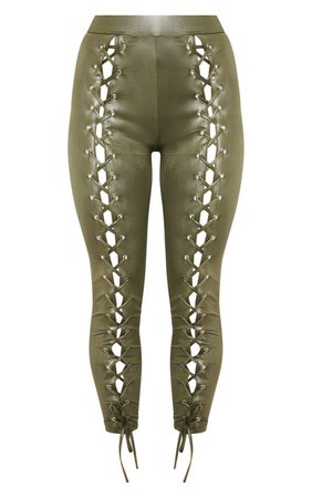 Khaki Coated Lace Up Front Legging | Trousers | PrettyLittleThing USA