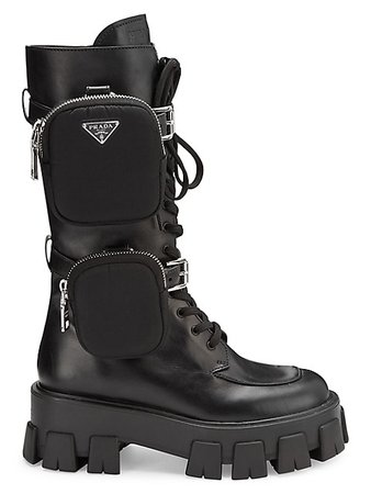 Prada Lug-Sole Tall Leather Combat Boots | SaksFifthAvenue