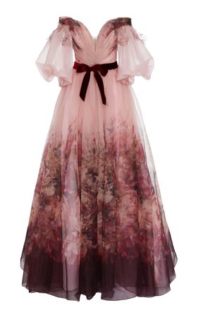 Floral Print Puffed Sleeve Chiffon Gown by Marchesa | Moda Operandi