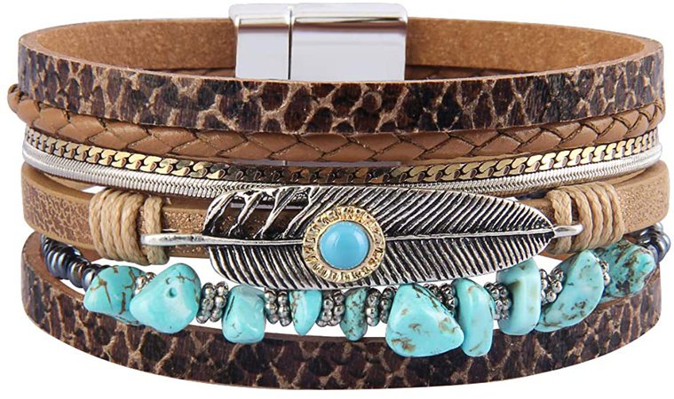 Amazon.com: GelConnie Womens Leather Bracelet Feather Faux Leather Cuff Bracelet Turquoise Multi-Layer Leather Bracelet Magnetic Clasp Cuff Bangle Jewelry Bohemian Bracelet for Women Mother Wife Teen Girls: Clothing, Shoes & Jewelry