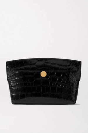 Glossed Croc-effect Leather Clutch - Black