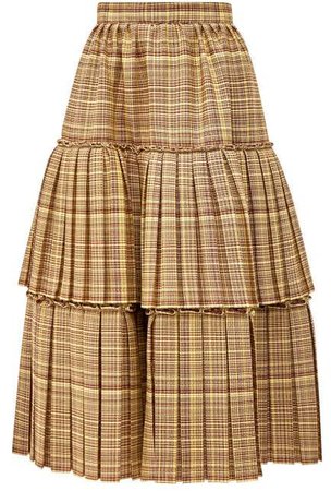 Tiered Checked Wool Blend Midi Skirt - Womens - Brown Multi