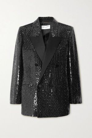 Black Satin-trimmed sequined crepe blazer | SAINT LAURENT | NET-A-PORTER