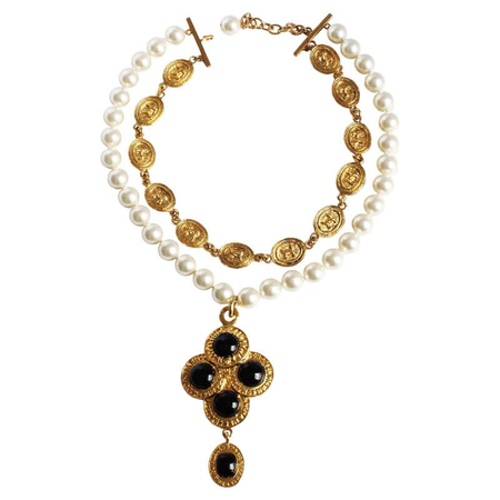 Chanel Necklace Large Medallion Pendant Poured Glass Pearls Vintage 90s + COA