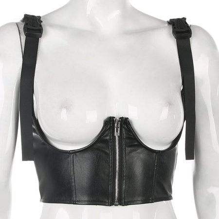 Breast Open Buckle Decorated Faux Leather Sexy Crop Top