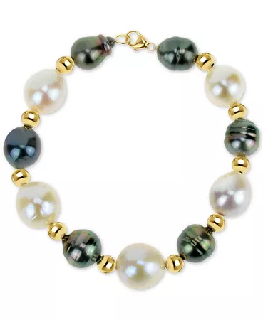 Macy's Cultured Baroque Freshwater Pearl (12-13mm) and Black Tahitian Pearl (8-10mm) Bracelet in 14k Gold