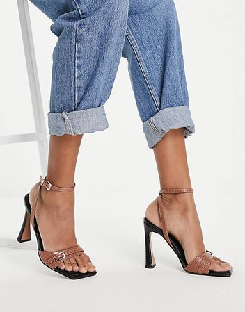 ASOS DESIGN Newman buckle detail heeled sandals in tan and black | ASOS