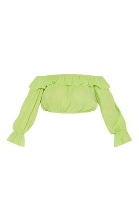 Neon Lime Woven Frill Bardot Long Sleeve Crop Top | PrettyLittleThing