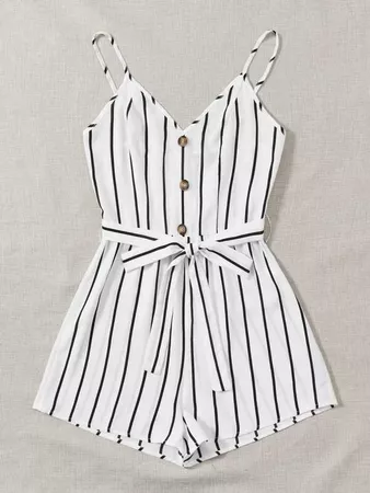 Buttoned Front Self Belted Striped Cami Romper | SHEIN USA white
