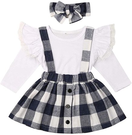Amazon.com: Toddler Baby Girl Christmas Outfit Kids Ruffle Sleeve T-Shirt Top Plaid Overall Skirt Set Fall Clothes (Xmas Plaid Suspender Skirt-Blue, 9-12Months): Clothing