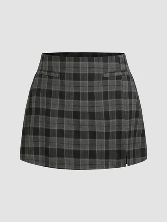 Curve & Plus Check Pattern Slit Mini Skirt - Cider