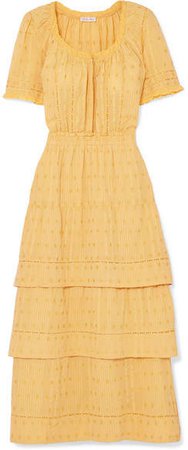 Heather Tiered Embroidered Cotton Midi Dress - Yellow