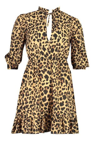 Leopard Print Ruffle Neck Skater Mini Dress | Boohoo