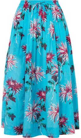 Floral-print Cotton And Silk-blend Midi Skirt - Turquoise