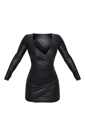 Black PU Long Sleeve Wrap Detail Bodycon Dress | PrettyLittleThing USA