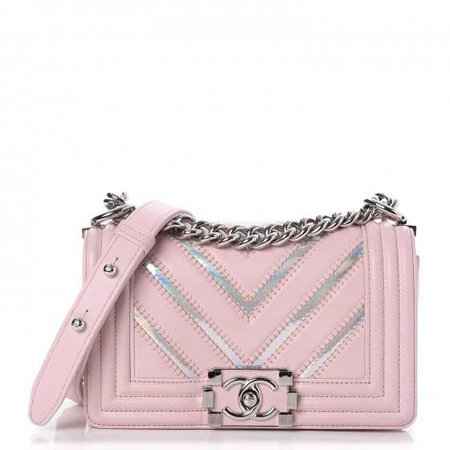 CHANEL Lambskin Iridescent PVC Chevron Quilted Small Boy Flap Light Pink Silver 262567