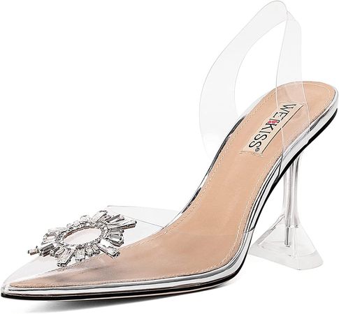 Amazon.com | wetkiss Women's Clear Heels Shoes, Transparent PVC Crystal Rhinestones Slingback Wedding Pointed Toe High Heel Sandals for Women Ladies Female -Sliver Sunflower 3.94" | Pumps
