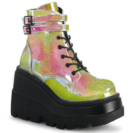 4" Wedge Platform Pink Shifting Glitter Ankle Boot | Demonia SHAKER-52 – Shoecup.com