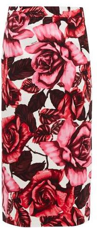 Rose Print Cotton Canvas Midi Skirt - Womens - Pink Print