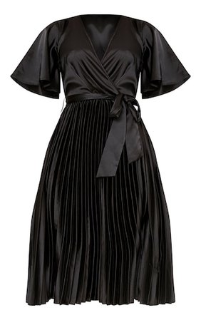 Mairee Black Satin Pleated Midi Dress | PrettyLittleThing USA