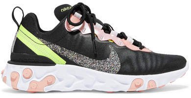 React Element 55 Glittered Canvas And Faux Leather Sneakers - Black