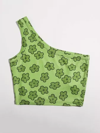 green One Shoulder Floral Print Top | SHEIN USA