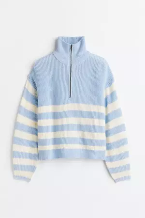 Rib-knit Half-zip Sweater - Light blue/striped - Ladies | H&M US