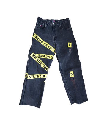 𝓥𝔦$s🄴-Я🅴Ꭵ𝕟Ꮛ sur Instagram : Crime scene denim pants Size: 31 Price: 80$ . . . #archives #archive #montreal #clothes #handmade #designer #outfit #streetfashion #custom…