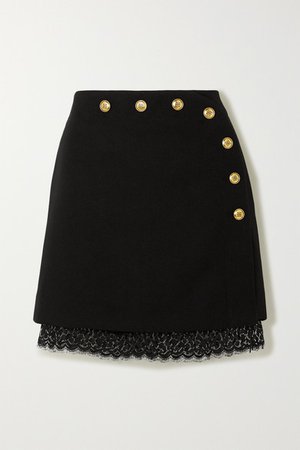 Lace-trimmed Button-embellished Wool Mini Skirt - Black