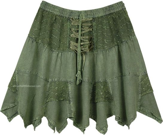 Olive Green Rodeo Mini Skirt with Tiers and Tie Up Lace | Short-Skirts | Green | Patchwork, Stonewash, Lace, Handkerchief, Tiered-Skirt, Solid,Western-Skirts