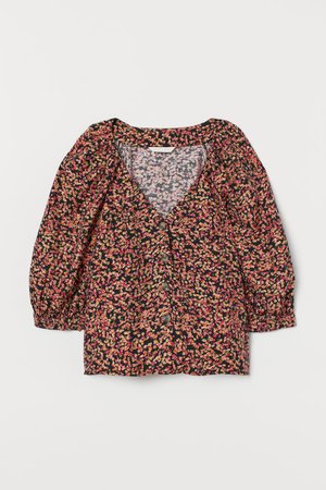 Balloon-sleeved Blouse - Black/pink floral - | H&M US