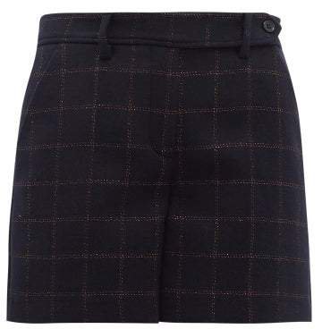 Metallic Check Wool Blend Shorts - Womens - Navy Multi