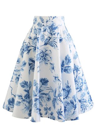 Blue Watercolor Peony Flare Midi Skirt - Retro, Indie and Unique Fashion