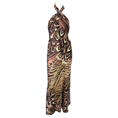 S/S 2005 Roberto Cavalli Silk Feather Print Halter Top Backless Gown For Sale at 1stDibs