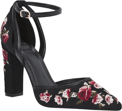 black suede floral heels