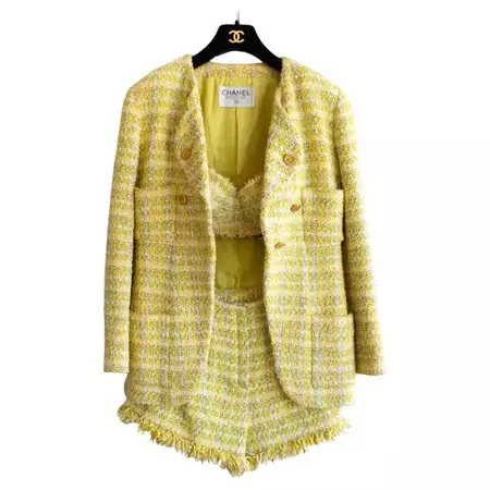 Iconic Chanel Vintage Spring 1994 Yellow Tweed Bra Shorts Jacket 94P Suit For Sale at 1stDibs | old chanel outfits, yellow tweed suit