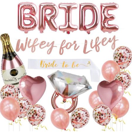 Bachelorette Party Decorations Kit, Bridal Shower Supplies - Bride Balloon, Bride to Be Sash, Ring Foil, Champagne Foil, Heart Balloon, Rose Gold Balloon, Glitter Banner | Wifey for Lifey - Walmart.com