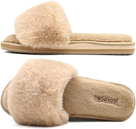 Amazon.com | COFACE Womens Sliders Plush House Slippers Flat Sandals for Women Memory Foam Fuzzy Open Toe Slippers with Arch Support Anti Skid Ladies Slip On Fur Slide Slippers House Shoes Mules Indoor Outdoor | Slippers