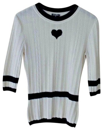 Chanel Black Ribbed Knitted Heart Detail Ivory Sweater - Tradesy