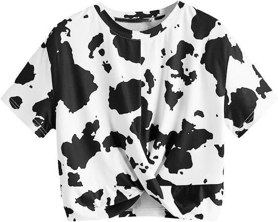 Milumia Women's Cow Print Twist Front Round Neck Short Sleeve Crop Tee Top Black and White Medium at Amazon Women’s Clothing store
