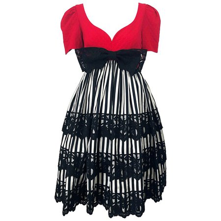 Vintage Adele Simpson Red + Black + White Fit n' Flare Empire Bow Lace Dress For Sale at 1stdibs