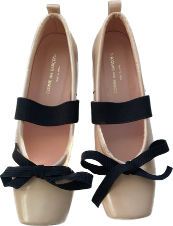 comme des garcons spring 2005 square toed nude patent leather ballet flats with black garter bow and strap detailing