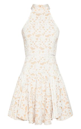White Thick Lace High Neck Binding Detail Skater Dress | PrettyLittleThing USA