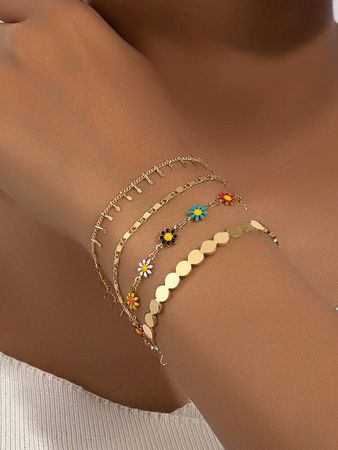 4 Pcs Cooper Chain Enameled Daisy Flower Stacked Bracelet Cuff Bangle Set for Women | SHEIN
