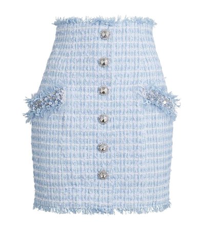 blue tweed balmain embellished mini skirt