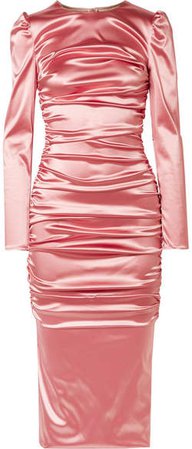 Ruched Satin Midi Dress - Pink