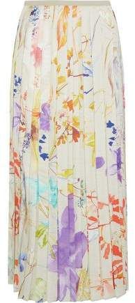 Pleated Floral-print Satin-twill Midi Skirt
