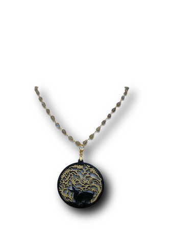 Wooden Engraved 16th Century Bunny Design Wood Filigree Pendant with Labradorite Nugget Bead 24k Gold Plated Rosary Necklace jewelry
