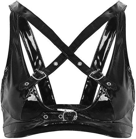 *clipped by @luci-her* Women's Shiny Latex Rubber Bra Strappy Wire-Free Bralette Rave Bustier Top: Clothing
